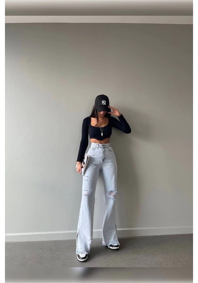 Buz Mavi Lazer Detaylı Premium Yıkamalı Wide Leg Jeans Buz Mavi Lazer