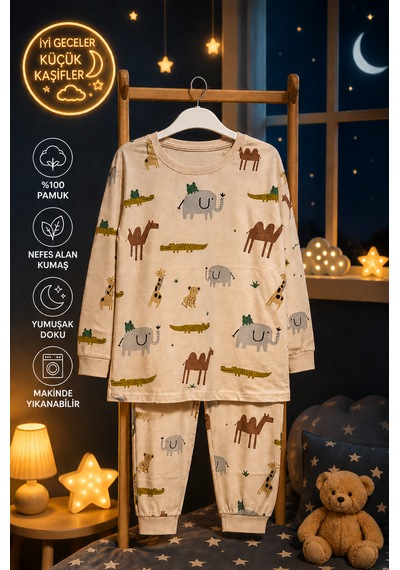 Durukoza %100 Pamuk 4 Mevsim Çocuk Pijama Takımı 8-13 Yaş Yumuşak Dokulu Açık Bej