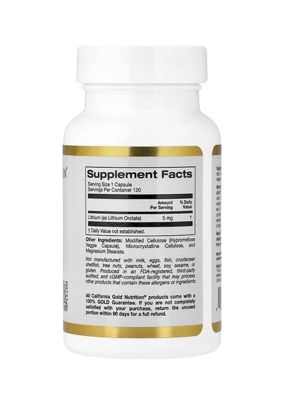 California Gold Nutrition, Lithium Orotate, 5 Mg, 120 Veggie Capsules Aromasız