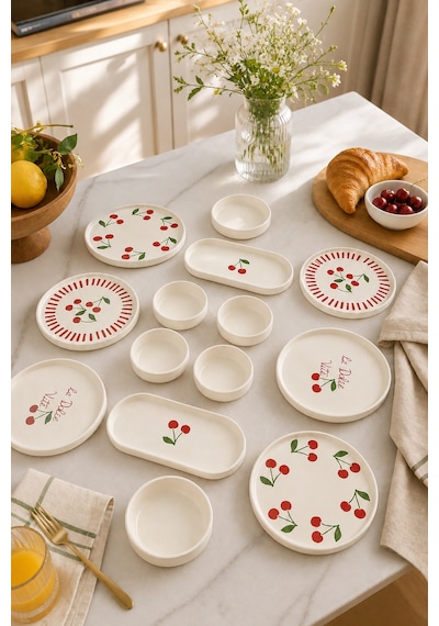 Vita Cherry 14 Parça 6 Kişilik Stackable Kahvaltı Takımı - Lüx Kahvaltılık Sunum Seti Tabağı Beyaz