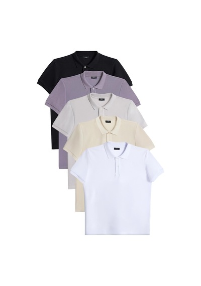 Tudors Erkek 5'li Paket Siyah-beyaz-ekru-taş-gri Slim Fit Dar Kesim Pamuklu Düz Pike Polo Yaka Tişört-33005 Çok Renkli