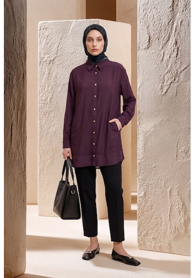 Armine Trend Gold Düğme Detaylı Klasik Yaka Uzun Tunik Rahat Kesim Şık Tesettür Tunik Modeli 89 Cm Boy Bordo 26yt471