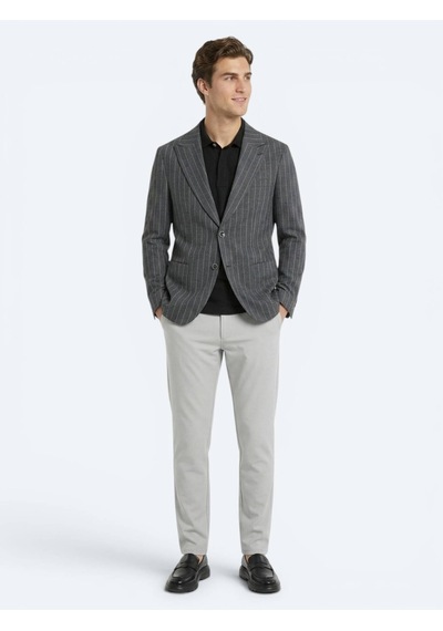 Kip Antrasit Çizgili Modern Fit Keten Karışımlı Ceket