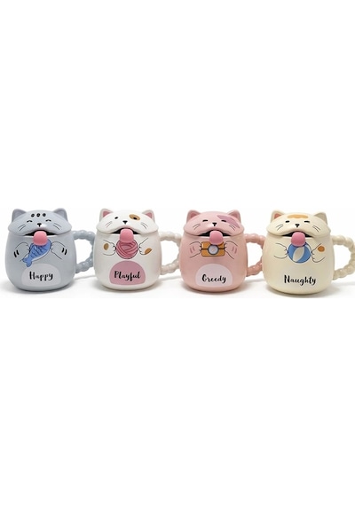Özel Tasarım 3d Kedi Figürlü Kapaklı Kaşıklı Kupa Bardak Alk5029 Renkli