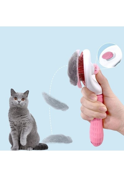 Biishe Kedi Köpek Tüy Toplayıcı Kendini Temizleyebilen Ergonomik Saplı Evcil Hayvan Tarağı Pembe
