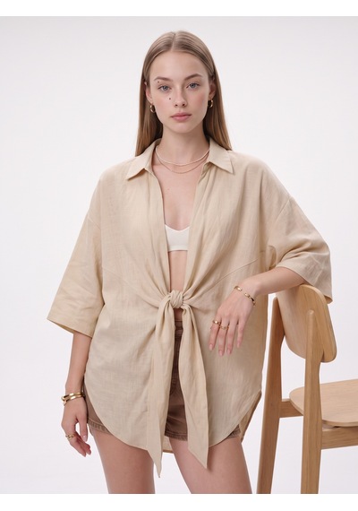 Pera Moda Önden Bağlamalı Uzun Kimono Yazlık İnce Gömlek Hırka Modeli Bej