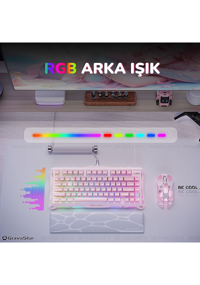 Gravastar K1 Mekanik Gaming Klavye, M1 Pro Kablosuz Optik Mouse Ve Mousepad Oyuncu Seti, Sakura Pink Optik