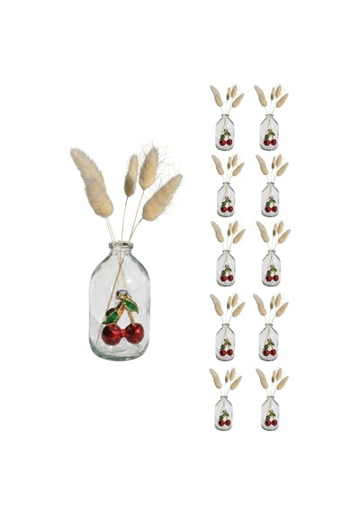 10 Adet Şeffaf Cam Mini Vazo Kiraz Dekorlu 9 Cm Kirazlı Dekoratif Minik Vazo Çiçeksiz Diğer