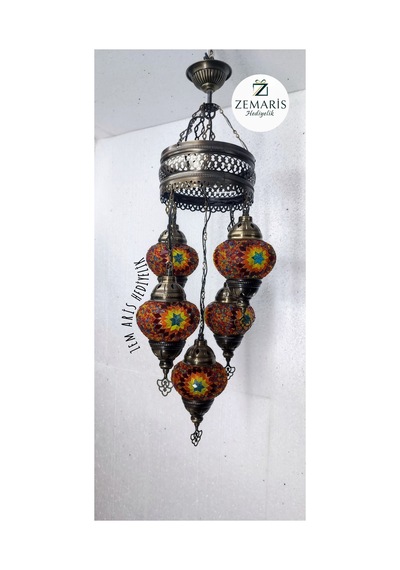 El Yapımı Otantik Mozaik 5 Li Avize Tavan Lambası Dekoratif Kırmızı - 786500254 Kırmızı