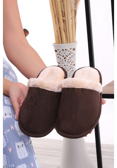 Wordex U050 Unisex Kışlık Ev İçi Terliği Kürklü Yünlü Terlik Kahverengi