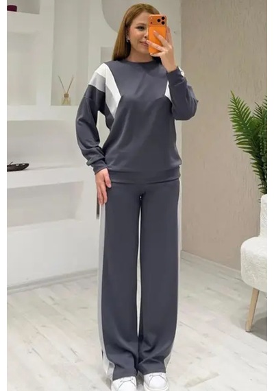 Fiolin Soft Touch Modal Kumaş Garni Detaylı Eşofman Takımı Füme