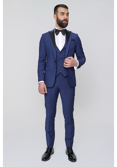 Efor Black 034 Slim Fit Yelekli Çıkarılabilir Saten Yaka Parlement Damatlık Smokin Takım Parlement