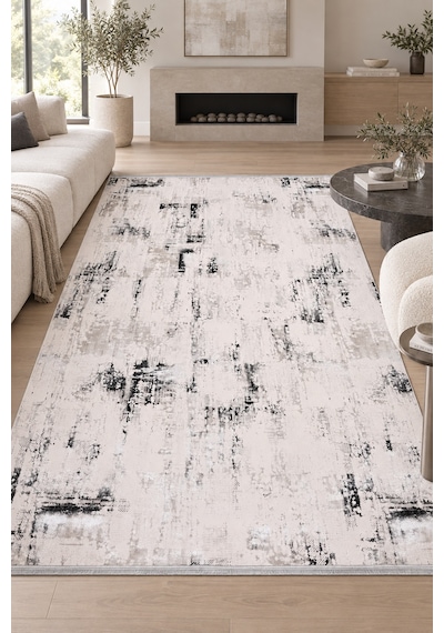 Zarya Krem Gri Desenli Salon Oturma Odası Koridor Halısı Robot Süpürge Uyumlu Kolay Temizlenebilir Polyester Hali Krem/gri
