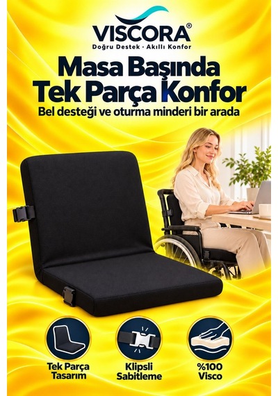 Tekerlekli Sandalye Minderi Tek Parça Visco Destek Ve Oturma Minderi, Klipsli Siyah