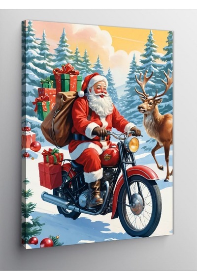 Kanvas Tablo Noel Baba Ve Geyik 100cmx140cm