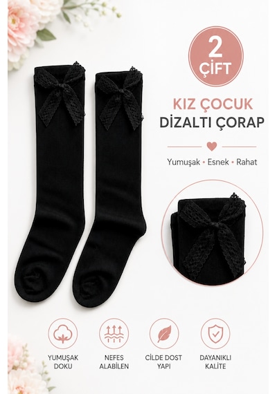Tibo 2 Çift Burun Dikişsiz Kız Çocuk Kurdeleli Dizaltı Çorap Siyah
