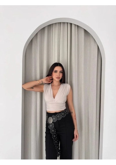 Simala Vatkalı Kolsuz V Yaka Drapeli Crop Bluz Likralı Fit - Boyalı Gri Diğer