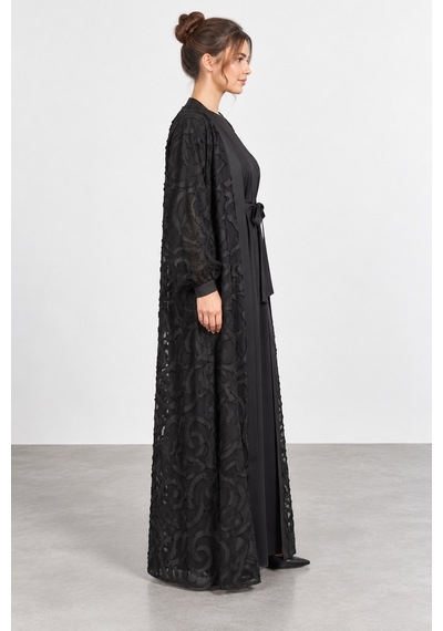 Bihan Store Kadın Tam Boy Uzun Kollu İç Elbiseli İkili Abaya Takım W27-9002 - Siyah