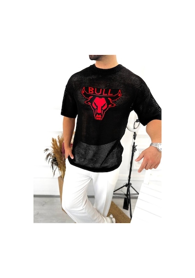 T-shirt Nefes Alabilen Terletmez Pamuklu Fileli Tişört Oversize Tshirt Bull Siyah