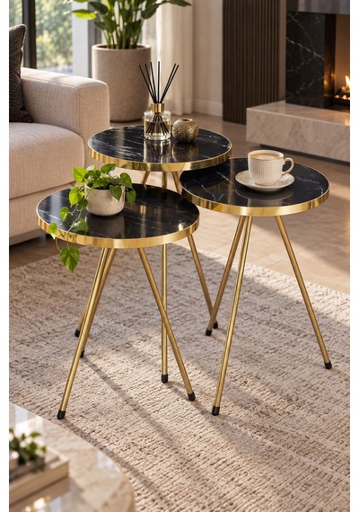 Sulorahome Siyah Mermer Desenli Gold Metal Zigon Sehpa Seti 3'lü