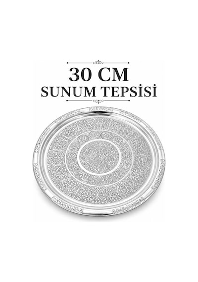 Gül Mutfak 30 Cm Paslanmaz Çelik Krom Tepsi, Yuvarlak İşlemeli Servis Tabağı, Kebap Köfte Pide Lahmacun Sunum Inox