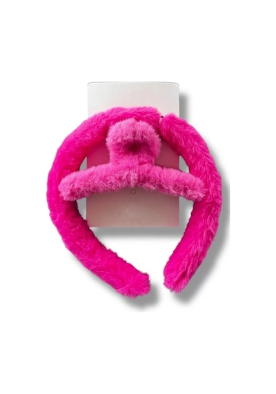 Caş Dekorasyon Koyu Pembe Renk Peluş Mandal Toka Ve Taç Set Koyu Pembe