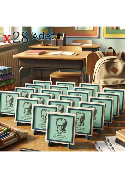 Öğretmen Mesajlı Mezuniyet Hatırası 28'li Set, Atatürk Silüetli Dekoratif Masaüstü Obje, 10x10 Cm
