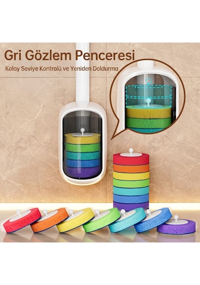 Tuvalet Fırçası Seti Otomatik Kapak Braket Duvara Monte Şeffaf Hazneli Tek Kullanımlık Wc Klozet E Beyaz - Gri