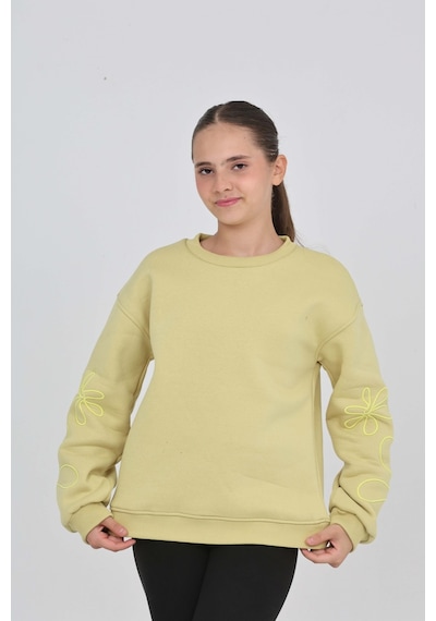 Toontoy Kız Çocuk Relax Fit Bisiklet Yaka Düşük Omuz Sweatshirt Açık Yeşil
