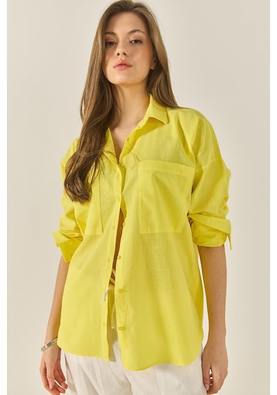 Kadın Çift Cepli Oversize Keten Gömlek 40861002 - Sarı