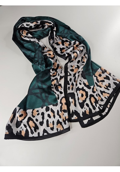 Miorel Scarfs Leopar Tema Cd Tema Vual İpek Şal Aksesuar Fular Silk Scarfs Shawl Hijab Yeşil