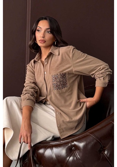 Verymoda Fitilli Kadife İşlemeli Gömlek - F1997 VİZON