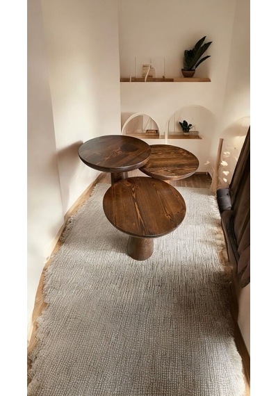 Wood Ahşap 3 Lü Set Fitilli Mantar Yan Sehpa Konik Model / Ceviz Renk / Zigon Sehpa Vernikli Ceviz
