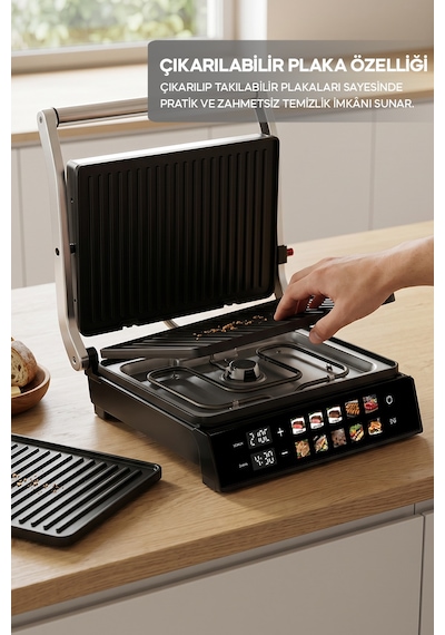 Sinbo SSM-2597 2000 W 10 Ön Ayarlı Dijital Ekranlı Sıcaklık Ve Zaman Göstergeli Döküm Plakalı Izgara Ve Tost Makinesi