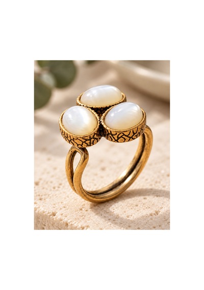 Esoo Jewelry Doğal Taş Detaylı 3 Taşlı Vintage Gold Ayarlanabilir Kadın Yüzük - Beyaz İnci