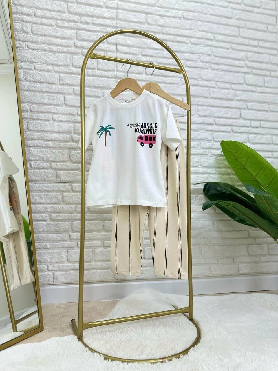 Cg Kids Jungle Çizgili Keten Kombinli Erkek Çocuk Alt Üst Takım Beyaz - Krem