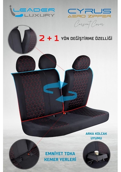 Toyota Corolla E210 2019-2024 İle Uyumlu Lüx Deri Detaylı Oto Koltuk Kılıfı Ön Arka Takım Cyrus Siyah Kırmızı Genel