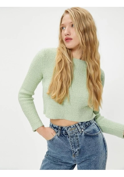 Koton Basic Peluş Crop Kazak Uzun Kollu Yuvarlak Yaka 001
