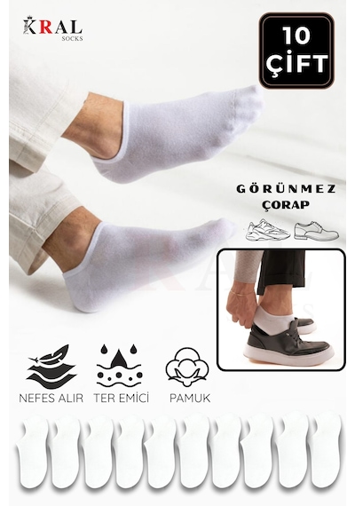 Kral Socks Kadın - Erkek Pamuklu Terletmez 10'lu - 10 Çift Yazlık Görünmez Çorap Beyaz