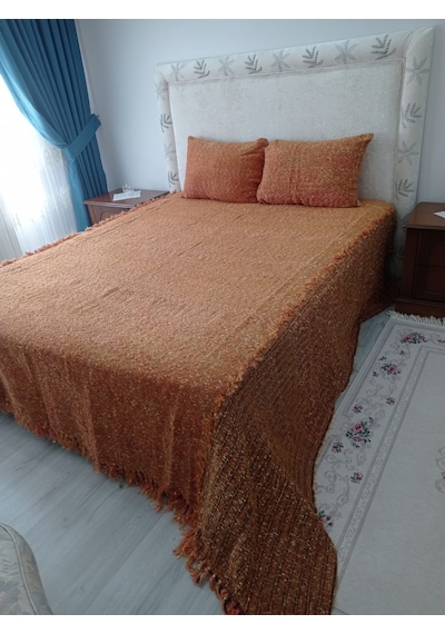 Tavşan Tüyü El Dokuma Çift Kişilik Yatak Örtüsü 280x260 -kremit Kiremit