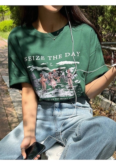 Flood Of Style Kadın Nefti Yeşili Seize The Day Baskılı Oversize T-shirt Yeşil