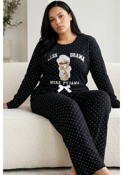 Siyah İnci Pamuklu Likralı Büyük Beden Battal Boy Örme Pijama Takım 26240884 Siyah