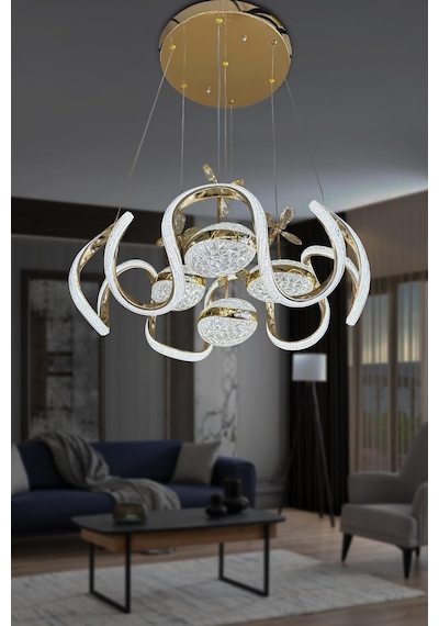 Eliza 4 Toplu Simli Slikonlu Modern Yüksek Işık Salon Led Avizesi - Kumandalı / Gold Gold