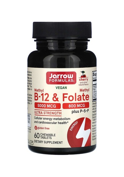 Jarrow Formulas, Vegan Methyl B-12 & Methyl Folate, Ultra Strength, Cherry, 60 Chewable Tablets