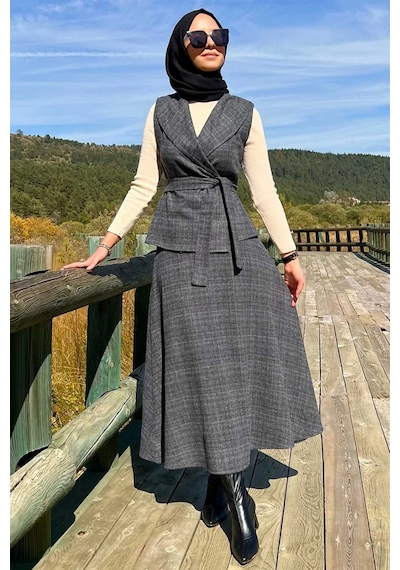 Rabia Şamlı Azize Etek Yelek Takım Antrasit Normal