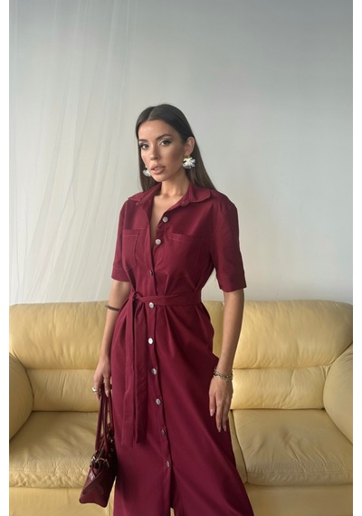 Dogutrend Tencel Önden Düğmeli Kısa Kol Elbise - Bordo