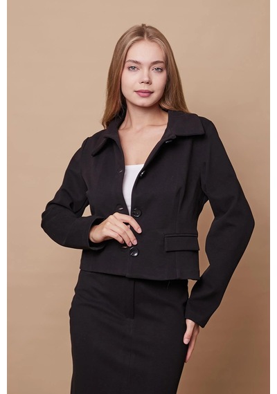 Kadın Likralı Kaşe Kumaş Yakalı Cep Kapaklı Uzun Kol Düğmeli Kısa Blazer Ceket Kaban-siyah Siyah Kadın Likralı Kaşe Kumaş Yakalı Cep Kapaklı Uzun Kol Düğmeli Kısa Blazer Ceket Kaban-siyah Siyah