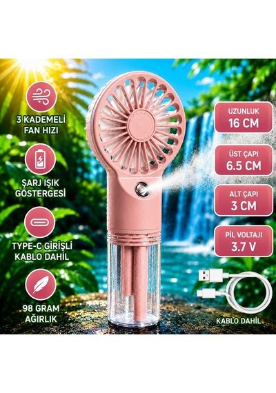 Vıp Yüksek Kalite Pembe Mini Su Buharlı El Fanı 4 Kademeli Hız Şarjlı El Fanı Hava Nemlendiricili