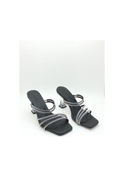 Dosa Shoes Taşlı Şeffaf Topuk Abiye Ayakkabı Sandalet Terlik-siyah Siyah