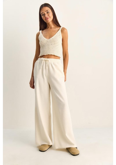 Shade Kadın Beli Lastikli Cep Detaylı Bol Keten Pantolon Yp5562 60286109 - Krem